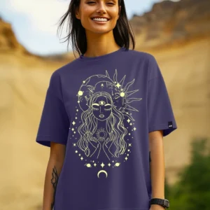 Women's Blue Oversized "Stardust Soul" Graphic T-Shirt