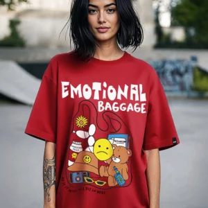 Women's Red Oversized "Emotional Baggage" Graphic T-Shirt